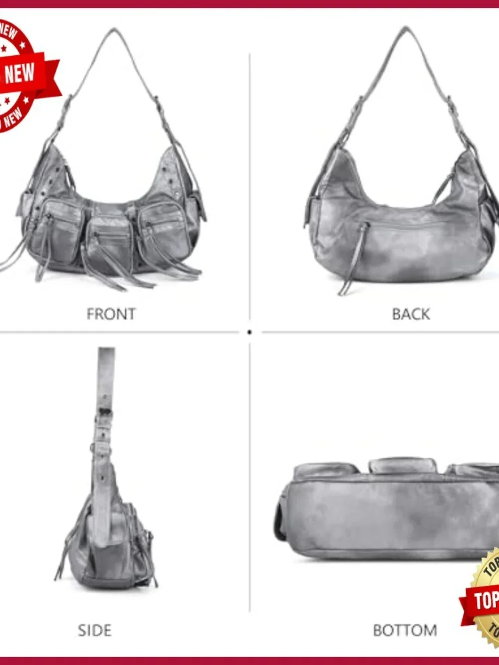 Y2K Vegan Leather Hobo Shoulder Bag with Studs Multi Pockets Satchel Handbag